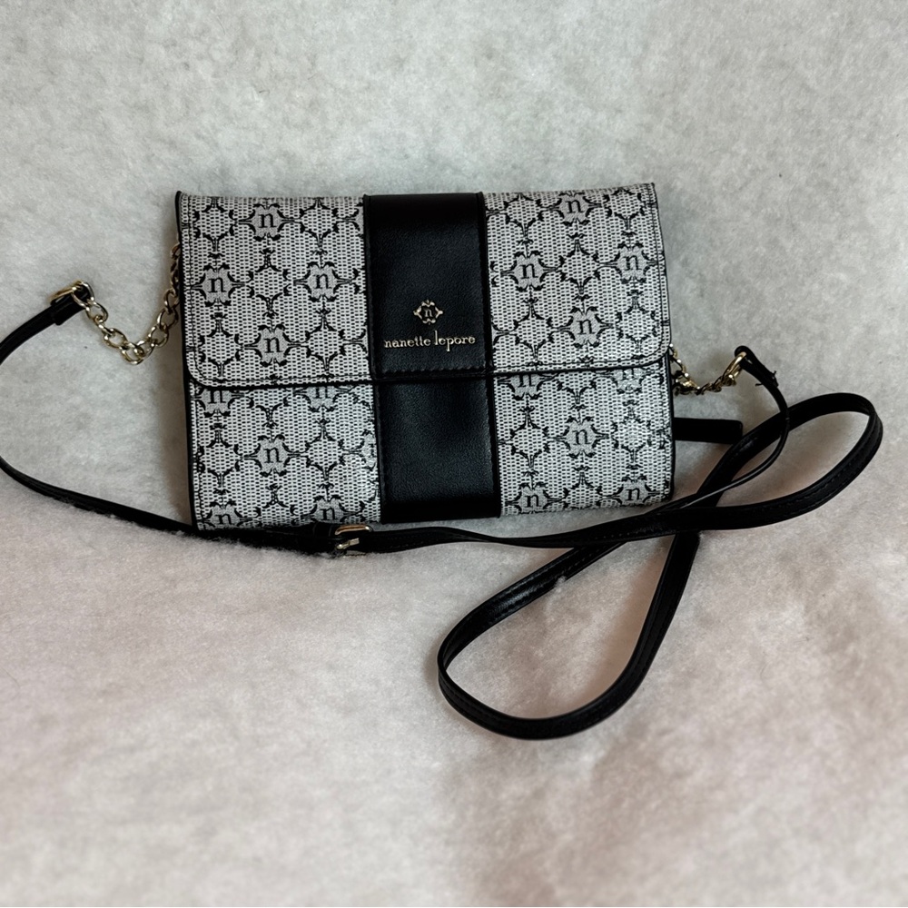 Nanette Laporte Black & Gray Pattern Crossbody Purse W/ Fold Over Snap Closure